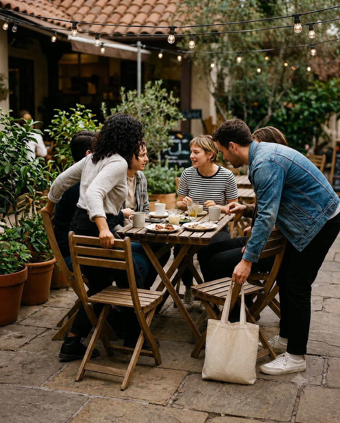 A host and their guests around a patio table at a Knomi event
